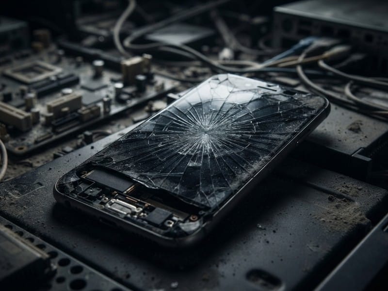 A dusty smartphone with a severely shattered screen rests among disassembled circuit boards and computer cables.