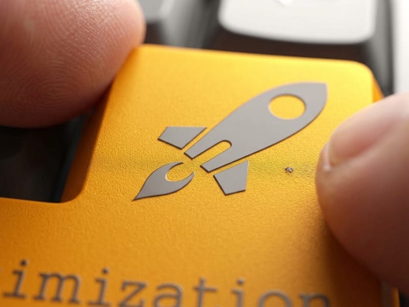 Fingertip pressing a yellow keyboard key printed with a rocket icon