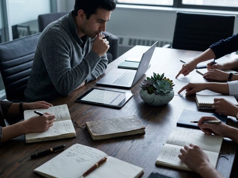 Team around a conference table taking notes in notebooks beside a laptop and a succulent