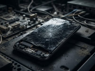 A dusty smartphone with a severely shattered screen rests among disassembled circuit boards and computer cables.