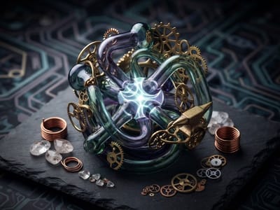 A complex sculpture composed of intertwined glass tubes, brass gears, and a miniature anvil resting on a dark slate surrounded by copper coils and small crystals, illuminated by a glowing core.