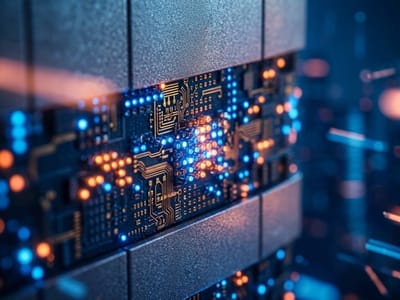 Circuit boards glowing with blue and orange lights inside a metallic server panel