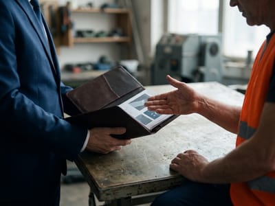Suited person showing a tablet to a worker in an orange vest at a workbench