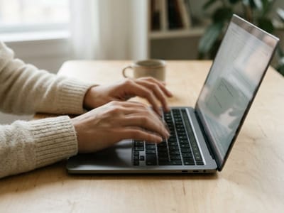 Hands in a cream sweater typing on a laptop at a wooden table