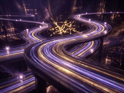 Long-exposure light trails streaking along winding elevated highways at night