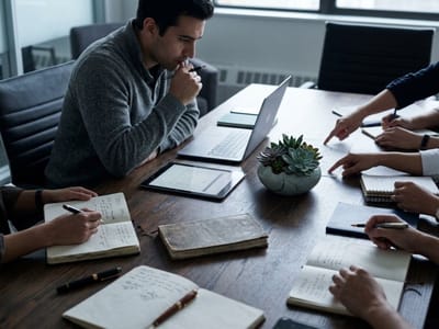 Team around a conference table taking notes in notebooks beside a laptop and a succulent